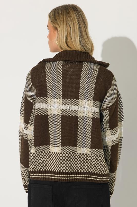 PixieGirl Petite Women's Chocolate Brown Knitted Check Zip Cardigan | PixieGirl 3