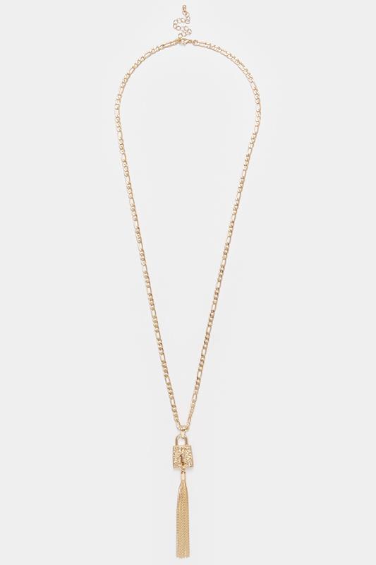 Gold Tone Long Padlock Tassel Necklace | Yours Clothing 2