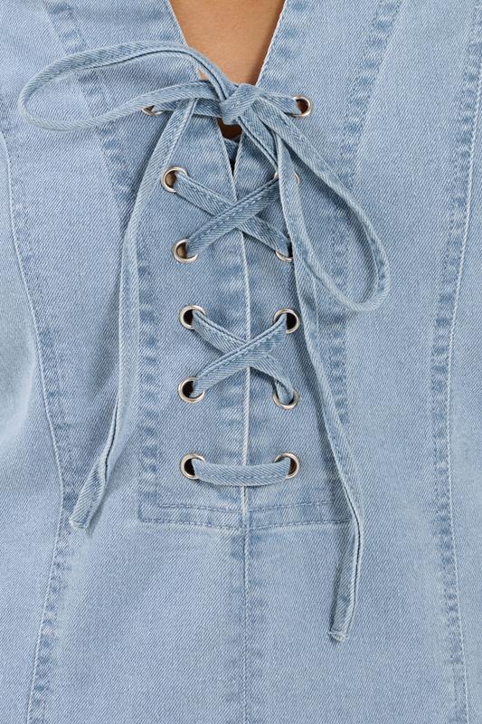 PixieGirl Petite Women's Light Blue Lace Up Denim Mini Dress | PixieGirl PixieGirl Petite Women's Light Blue Lace Up Denim Mini Dress | PixieGirl