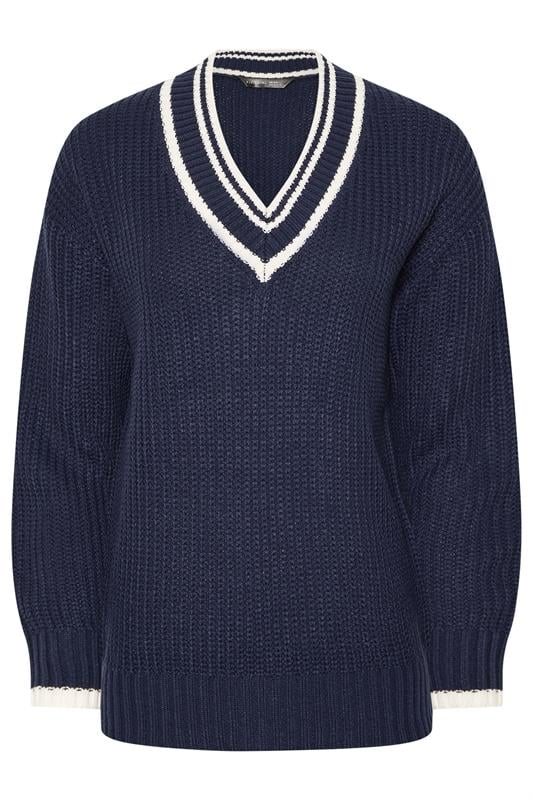 PixieGirl Petite Women's Navy Blue Contrast V-Neck Jumper | PixieGirl 7