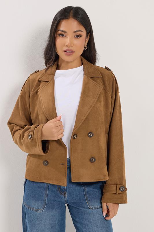 PixieGirl Petite Women's Brown Faux Suede Cropped Trench Coat | PixieGirl 2