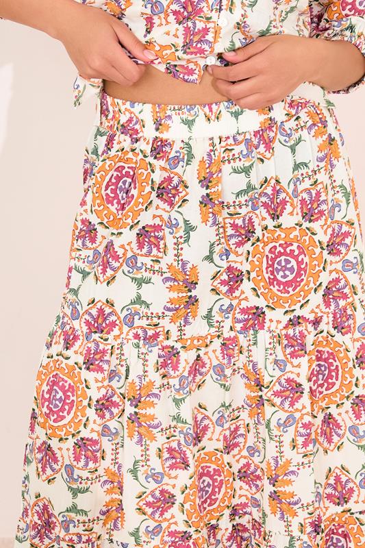 PixieGirl Petite Women's White Abstract Tile Tiered Maxi Skirt | PixieGirl 5