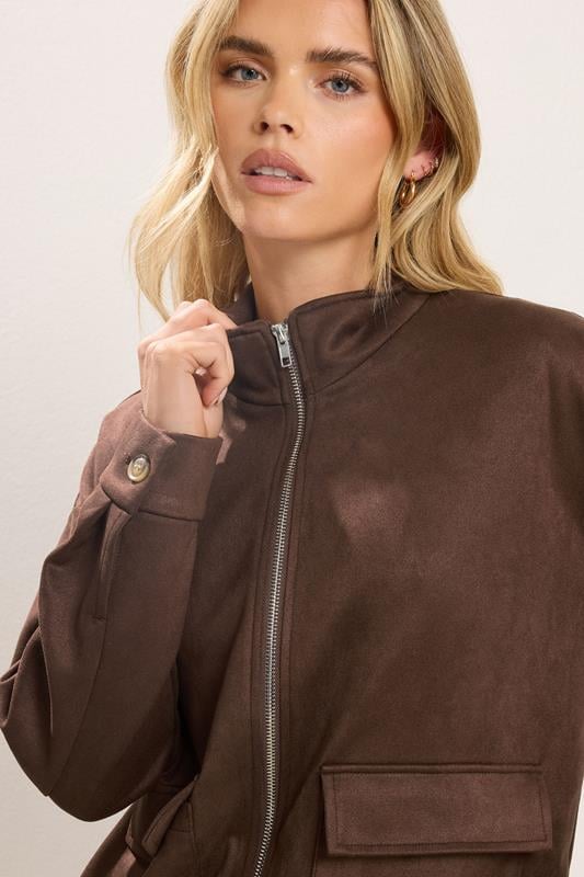 PixieGirl Petite Women's Chocolate Brown Faux Suede Bomber Jacket | PixieGirl 4