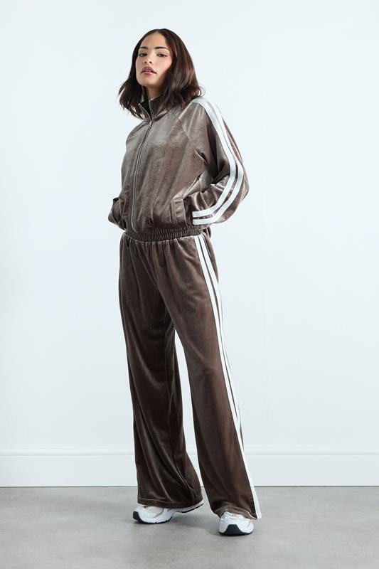 PixieGirl Petite Brown Side Stripe Velvet Wide Leg Trousers