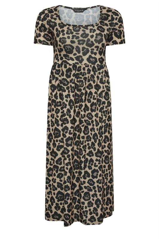 PixieGirl Petite Womens Beige Brown Leopard Print Midi Smock Dress | PixieGirl 5