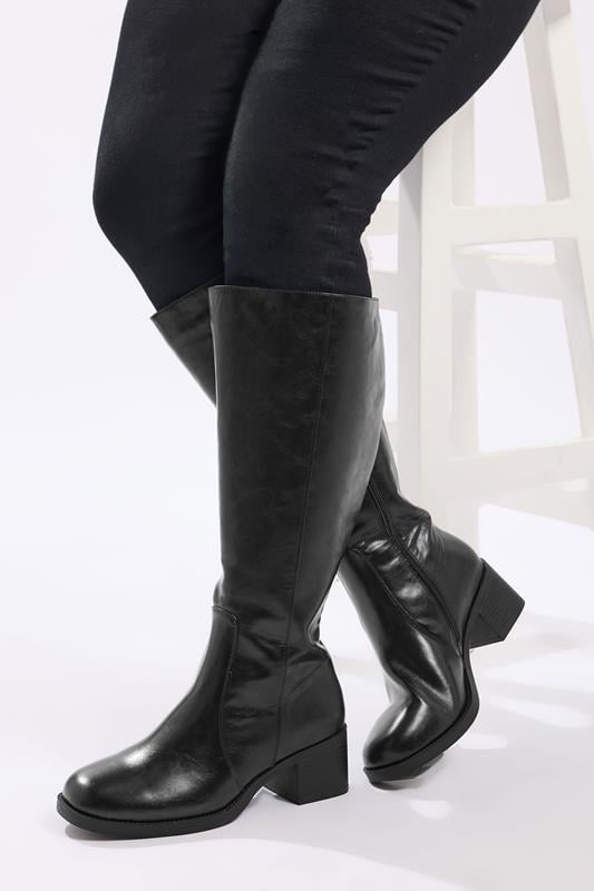Plus Size  Yours Black Square Toe Knee High Boots In Extra Wide EEE Fit