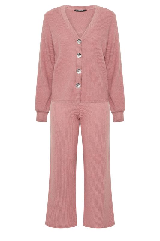 PixieGirl Petite Women's Set Pink Marl Ribbed Cardigan & Wide Leg Trousers | PixieGirl 5