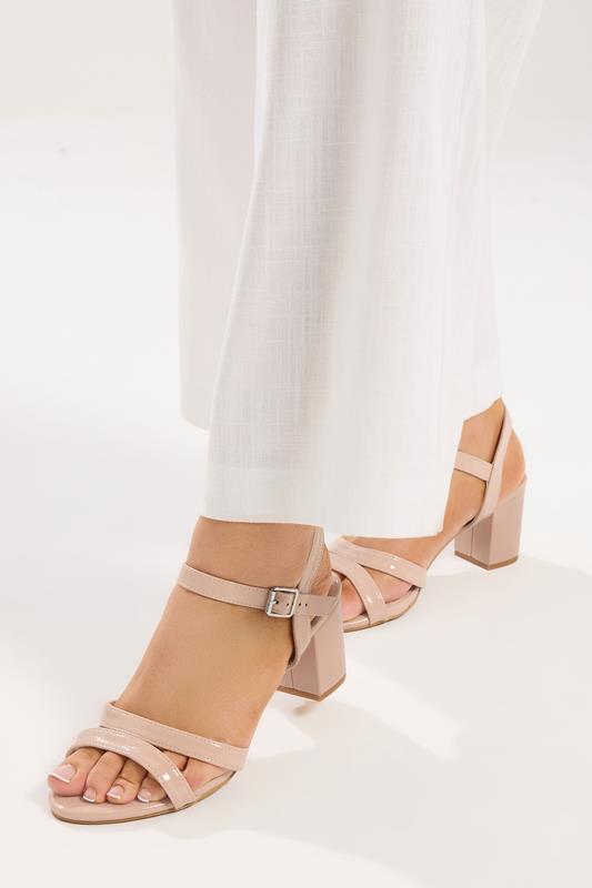 Nude Patent Mid Block Heel Sandals In Wide E Fit