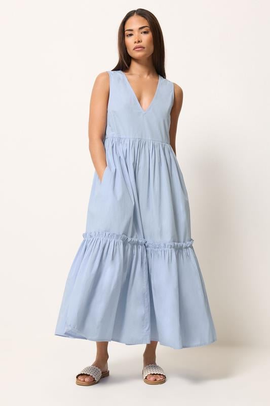 PixieGirl Petite Women's Light Blue Cotton Frill Tiered Midi Dress |  PixieGirl