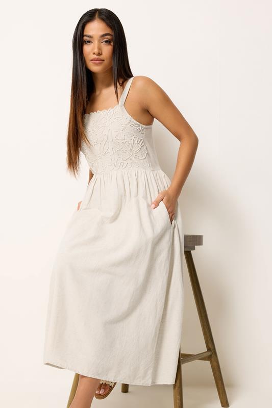  M&Co Petite Natural Brown Linen Embroidered Trim Maxi Dress