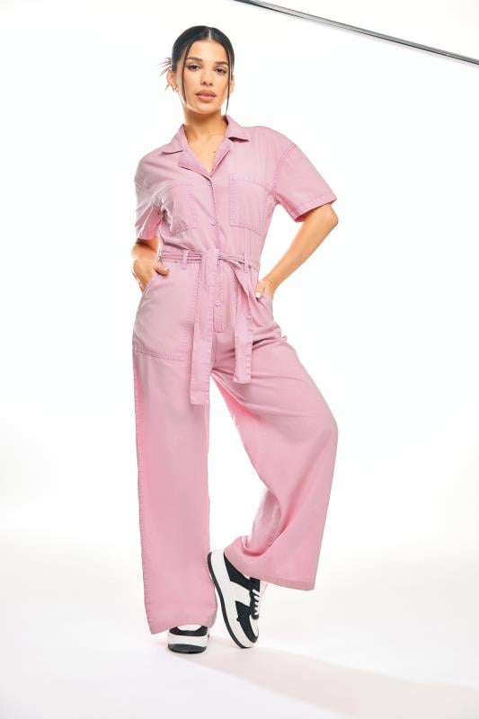 PixieGirl Petite Womens Pink Washed Tie Waist Utility Jumpsuit | PixieGirl 1