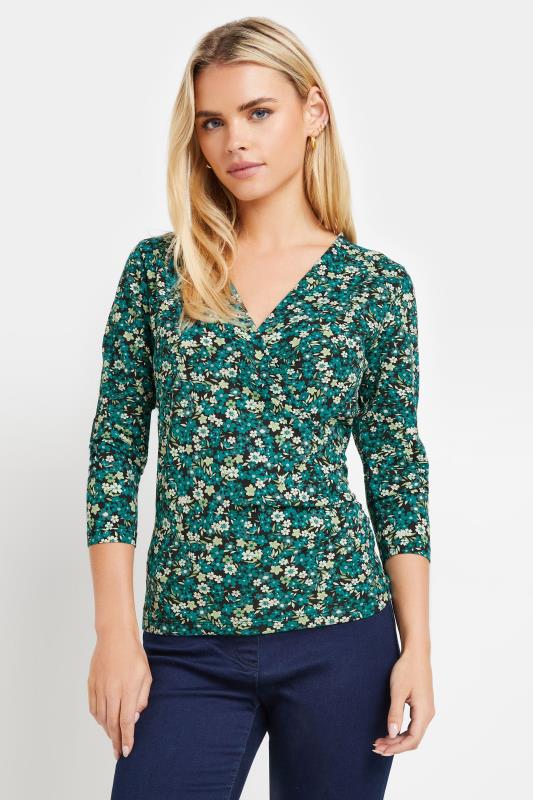 M&Co Petite Green Ditsy Floral Wrap Top