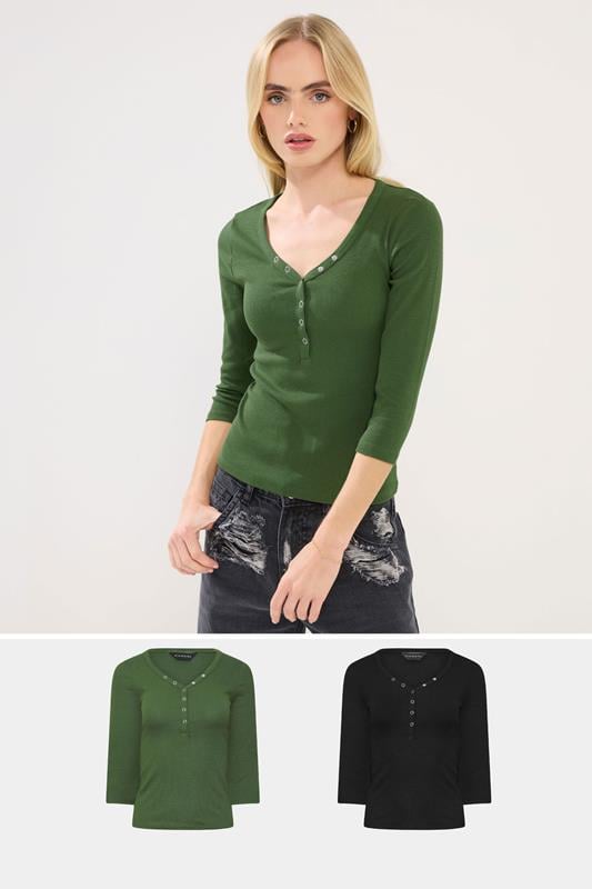 Petite  PixieGirl Petite 2 PACK Black & Khaki Green Button Henley Tops