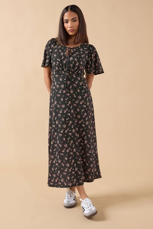 PixieGirl Petite Women's Black Ditsy FloralTie Front Midi Dress | PixieGirl 2