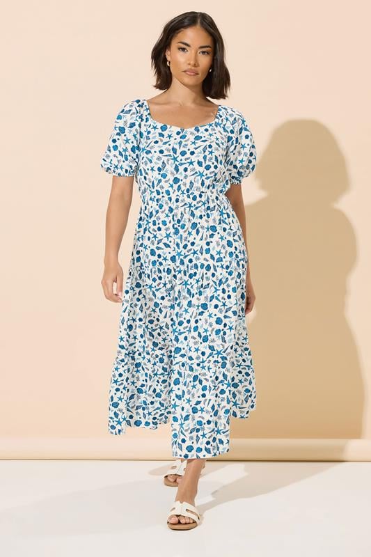 PixieGirl Petite Women's White Seashell Graphic Puff Sleeve Midi Dress | PixieGirl 4