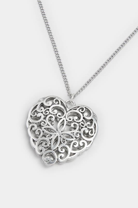 Silver Tone Filigree Heart Long Necklace | Yours Clothing 2