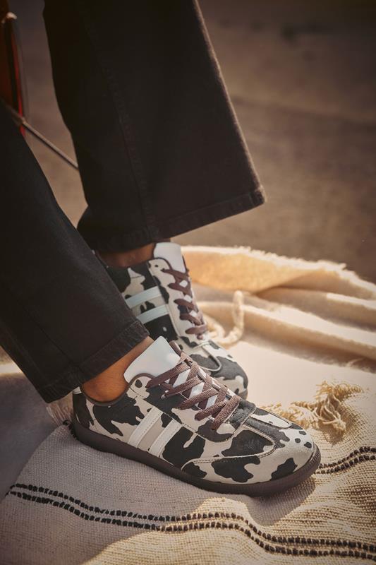 Plus Size  Yours Brown Cow Print Retro Stripe Trainers In Extra Wide EEE Fit