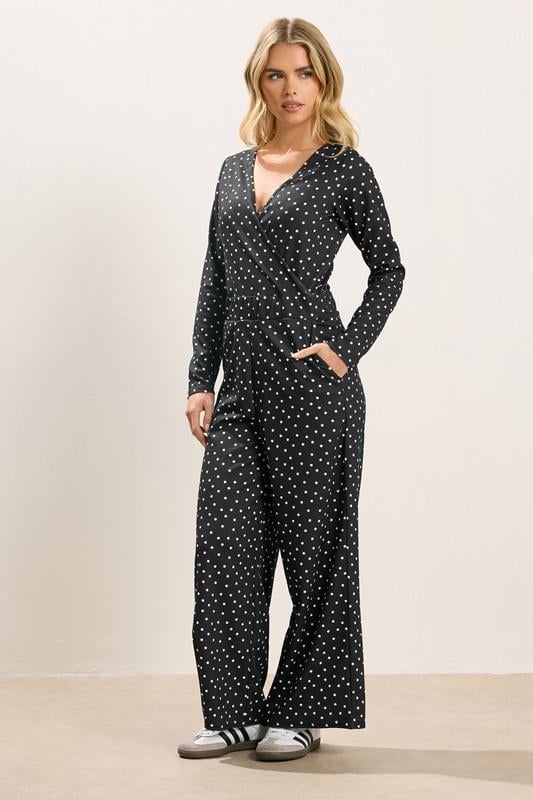 Petite  PixieGirl Petite Black Spot Wide Leg Jumpsuit