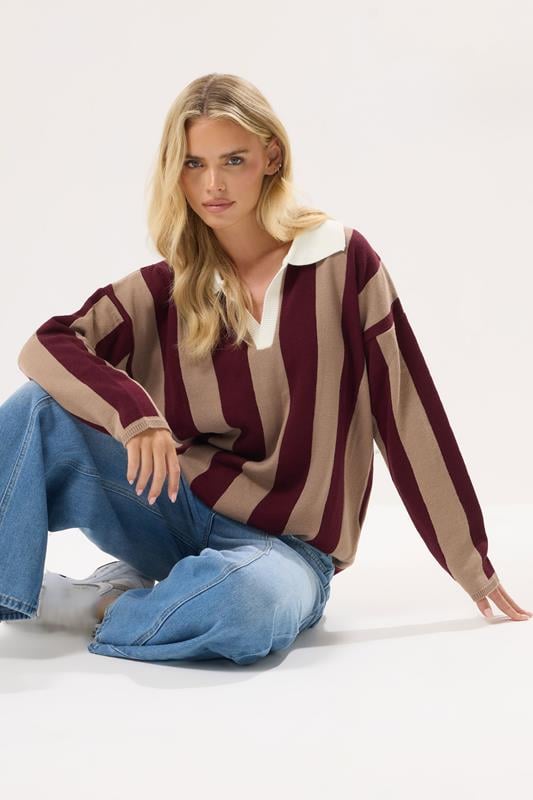 Petite  PixieGirl Petite Dark Red Knitted Stripe Collar Jumper
