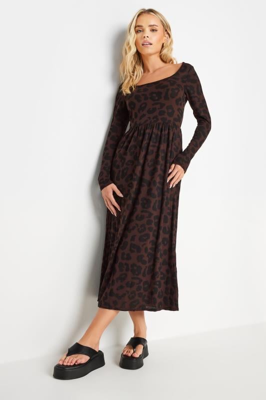 Petite  PixieGirl Brown Leopard Print Long Sleeve Midi Dress