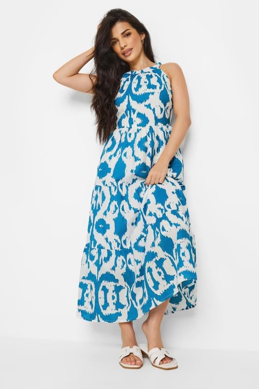 PixieGirl Petite Women's Blue & White Ikat Print Tiered Maxi Dress | PixieGirl 2