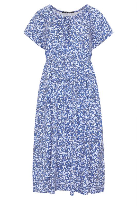 M&Co Petite Blue Leaf Print Tie Neck Cotton Midi Dress | M&Co 5
