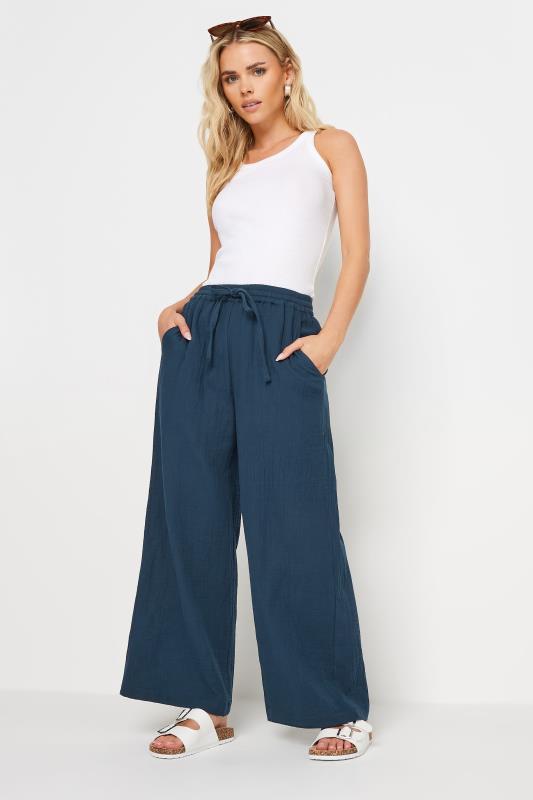 Petite  PixieGirl Navy Blue Cheesecloth Wide Leg Trousers
