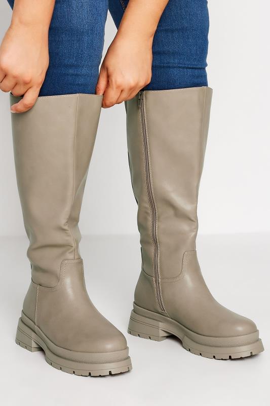 Plus Size  Yours LIMITED COLLECTION Beige Brown Faux Leather Knee High Boots In Extra Wide EEE Fit
