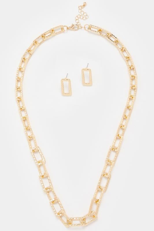 Gold Tone Hammered Link Necklace & Earring Set