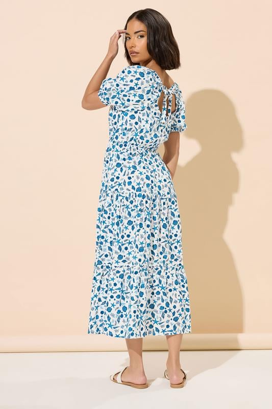 PixieGirl Petite Women's White Seashell Graphic Puff Sleeve Midi Dress | PixieGirl 3