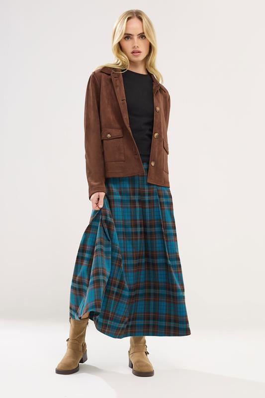Petite  PixieGirl Petite Brown & Blue Check Buckle Midi Skirt