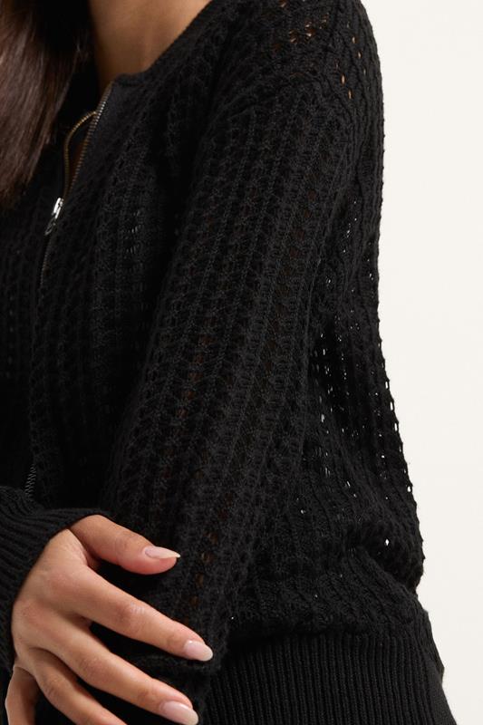 PixieGirl Petite Women's Black Crochet Bomber Cardigan | PixieGirl