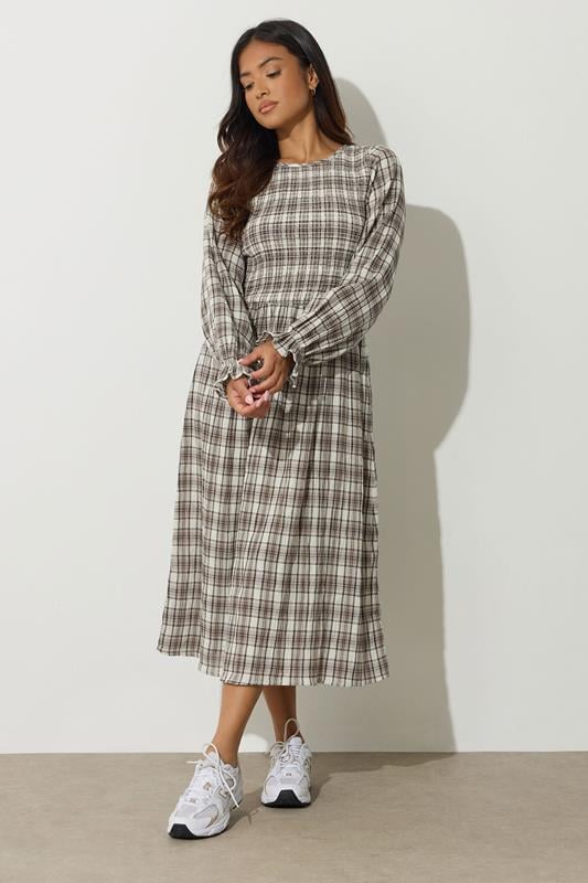 PixieGirl Petite Women's Brown Check Shirred Long Sleeve Midi Dress | PixieGirl 1