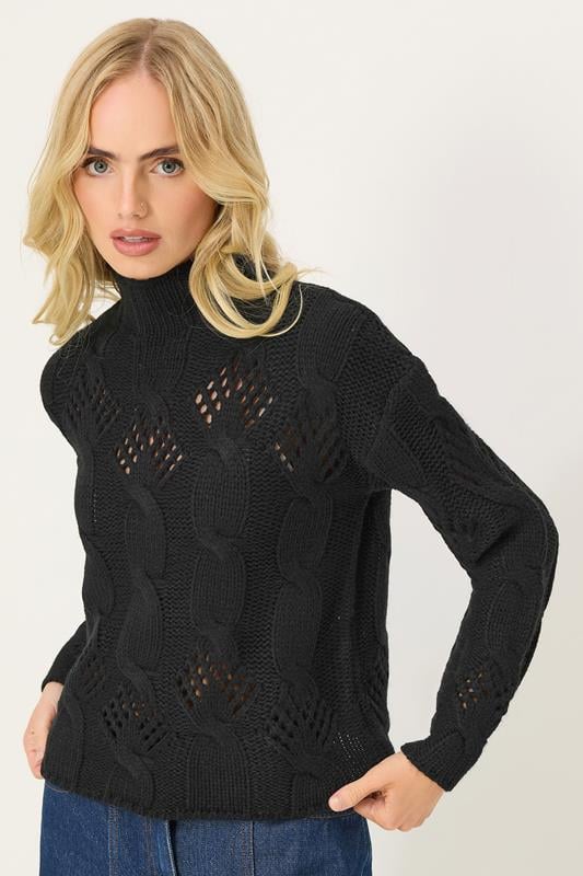 PixieGirl Petite Women's Black Cable Knit High Neck Jumper | PixieGirl 1