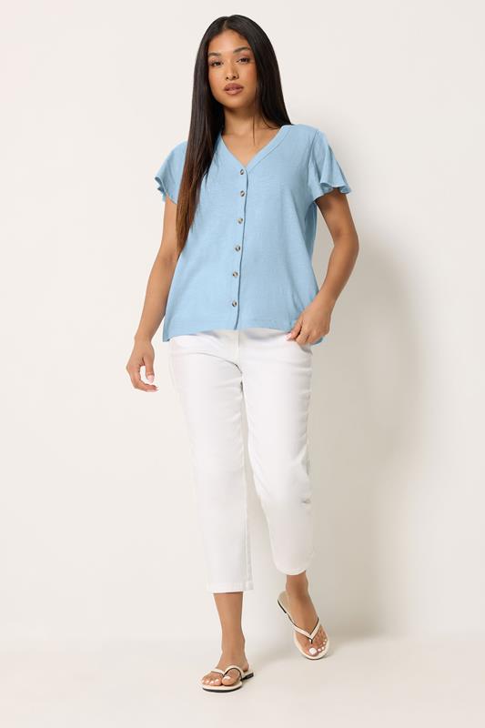 M&Co Petite Blue Cotton Frill Sleeve Blouse| M&Co 1