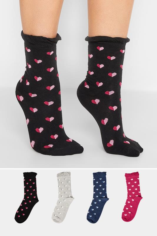 YOURS 4 PACK Black & Pink Heart Print Ankle Socks | Yours Clothing 1