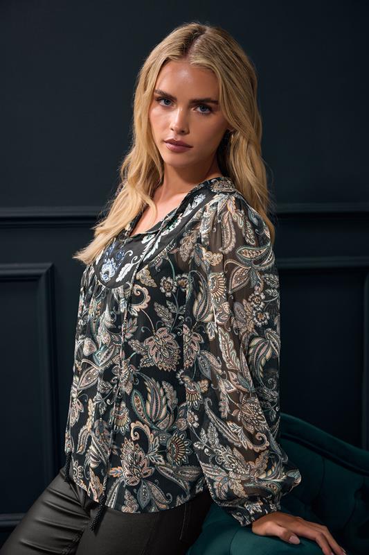  M&Co Petite Navy Blue Floral Embroidered Tie Neck Blouse