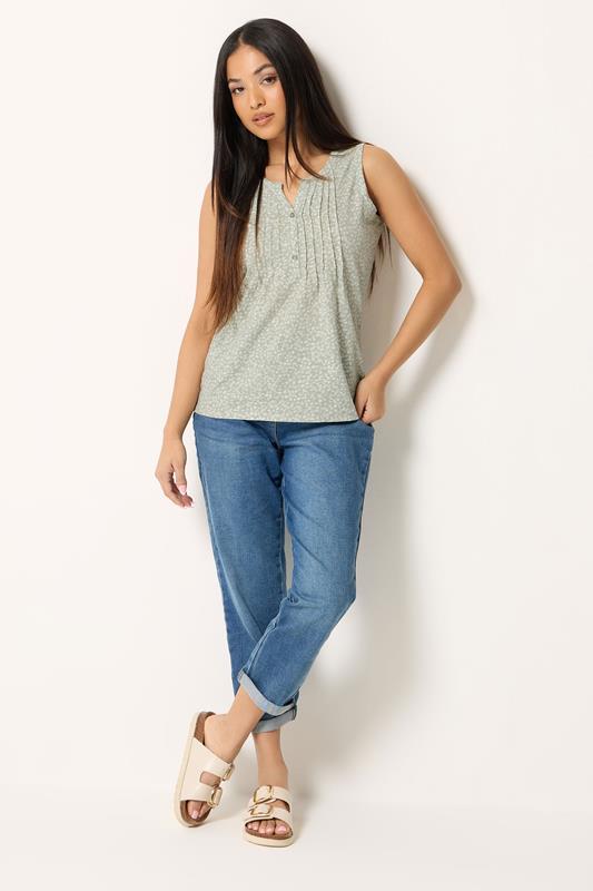 M&Co Petite Sage Green Ditsy Floral Print Sleeveless Cotton Henley Top | M&Co 1