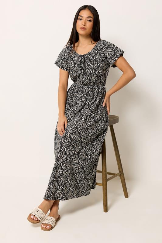 M&Co Petite Black Abstract Tie Neck Cotton Maxi Dress