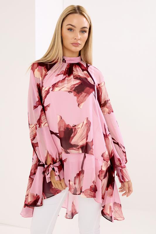 STAR Pink Floral Print Dipped Hem Tunic Top