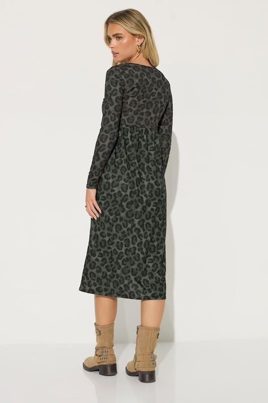 PixieGirl Petite Women's Khaki Green Leopard Print Smock Dress | PixieGirl 3