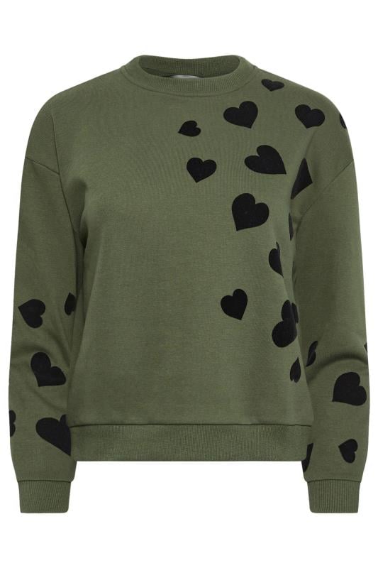 PixieGirl Khaki Green Heart Print Sweatshirt | PixieGirl  5