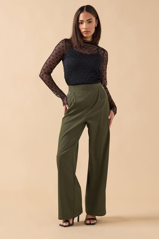 PixieGirl Petite Women's Khaki Green Zip Pleated Trousers | PixieGirl 1