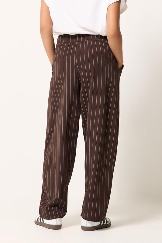 PixieGirl Petite Women's Chocolate Brown Pinstripe Barrel Leg Trousers | PixieGirl 2