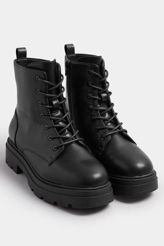 Plus Size  Yours Black Faux Leather Chunky Lace Up Boots In Extra Wide EEE Fit