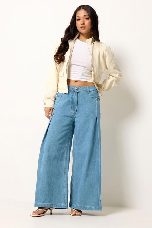 PixieGirl Petite Mid Blue Pleated Palazzo Wide Leg Jeans