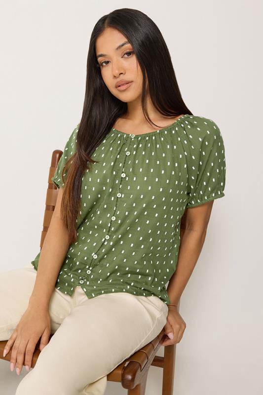 M&Co Petite Khaki Green Dobby Button Up Cotton Blouse