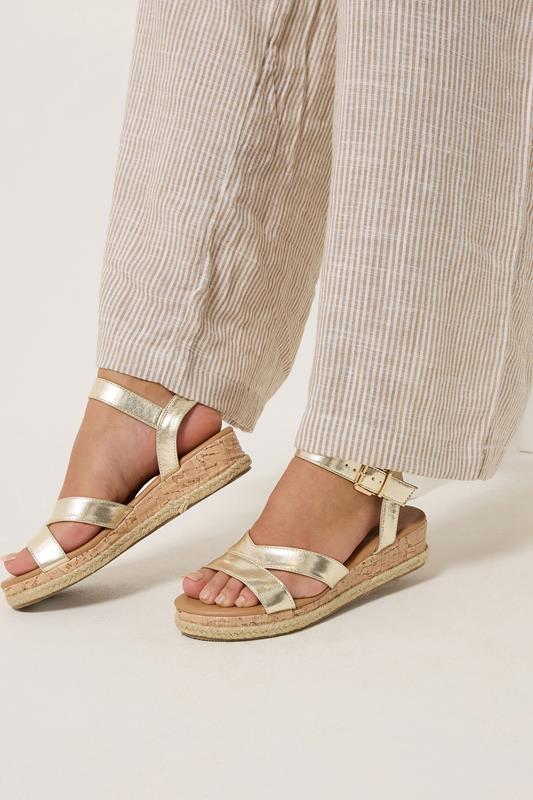 Gold Plaited Wedge Sandals In Extra Wide EEE Fit