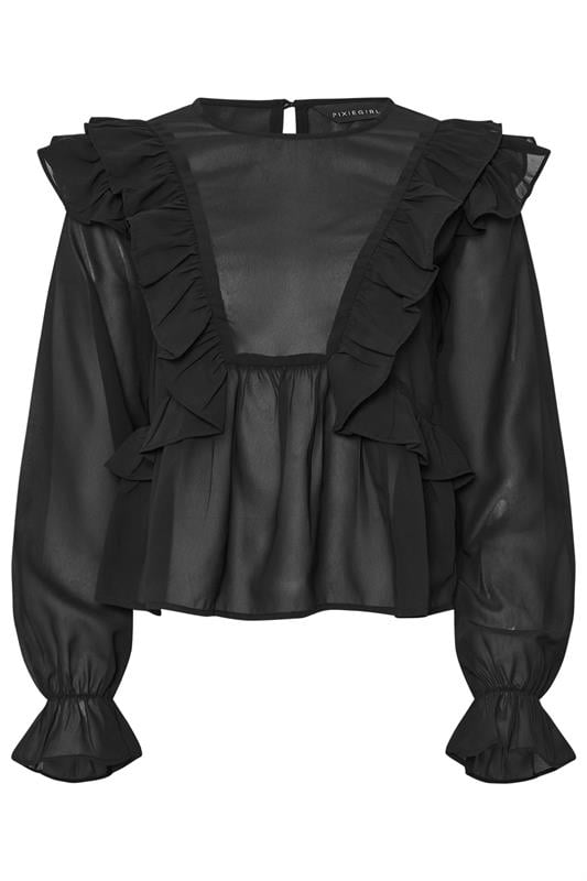 PixieGirl Petite Women's Black Frill Shoulder Chiffon Blouse | PixieGirl 7