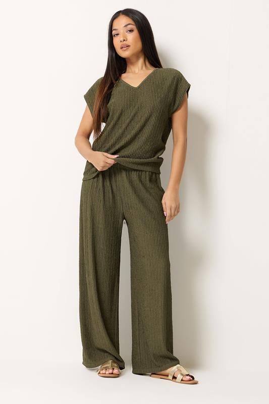 M&Co Petite Khaki Green Textured Wide Leg Trousers